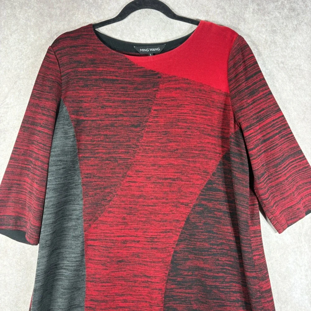 Ming Wang Knit Dress Womens Size Large Red Gray Colorblock Sheath 3/4 Sleeve Mod